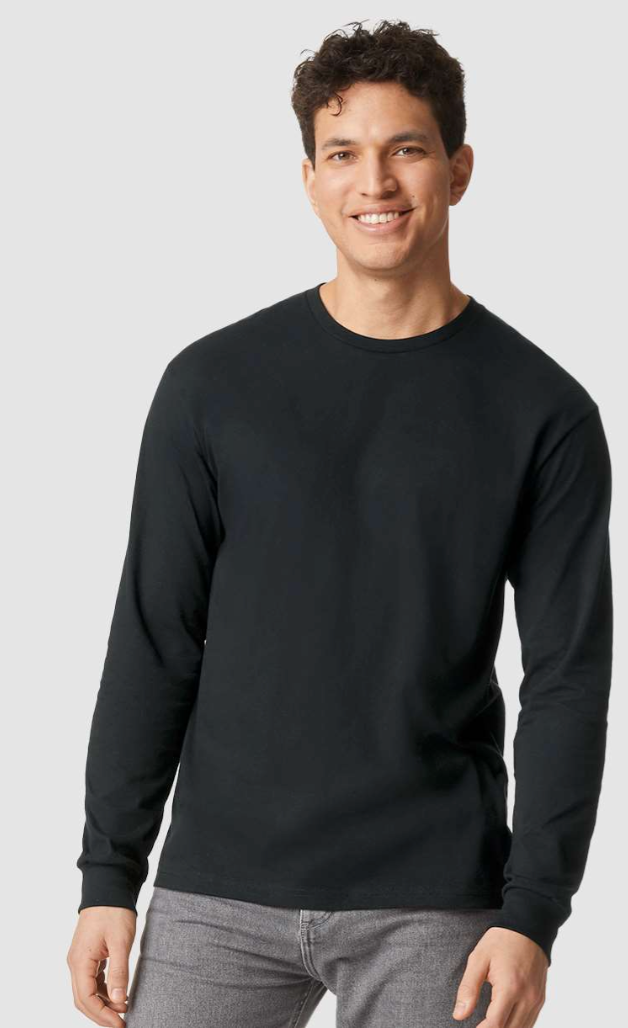 Man wearing a black long-sleeve shirt against a plain background