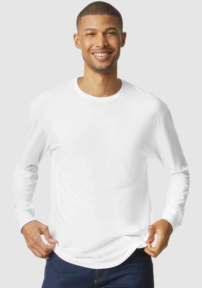 Man wearing a white long-sleeve shirt against a light gray background
