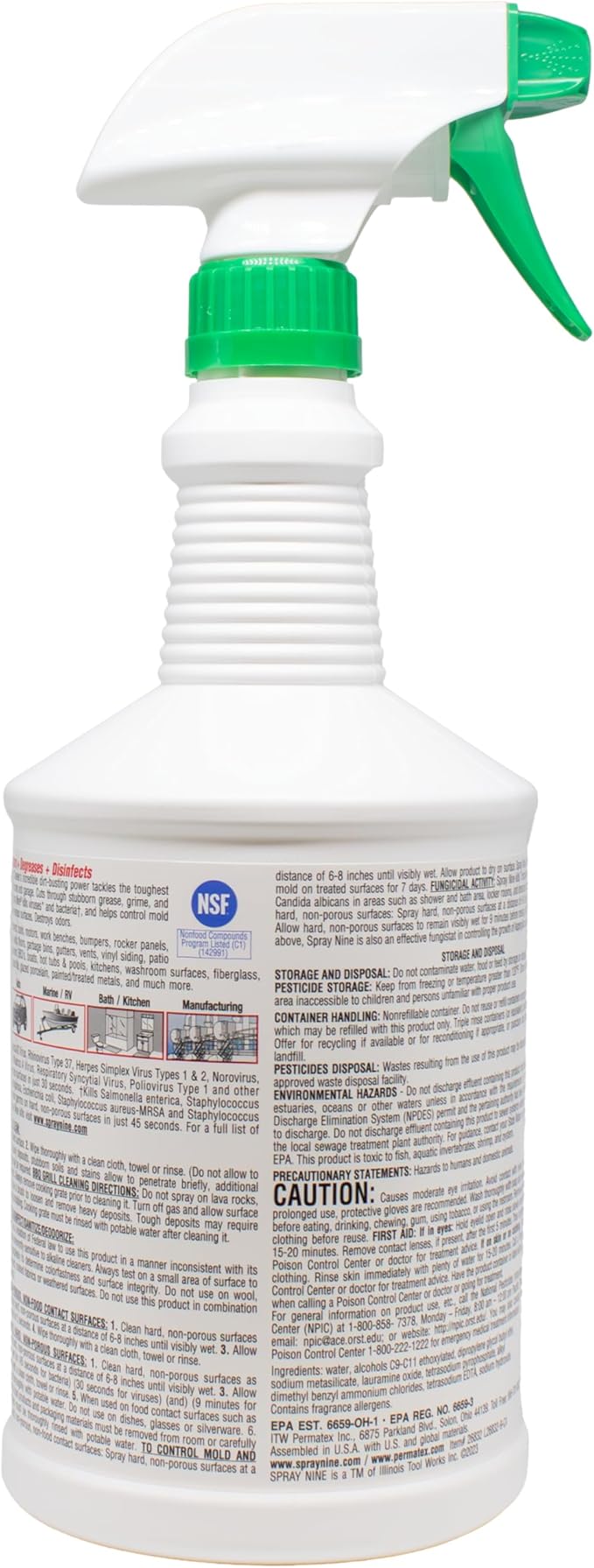 White spray bottle with green nozzle and label on a white background