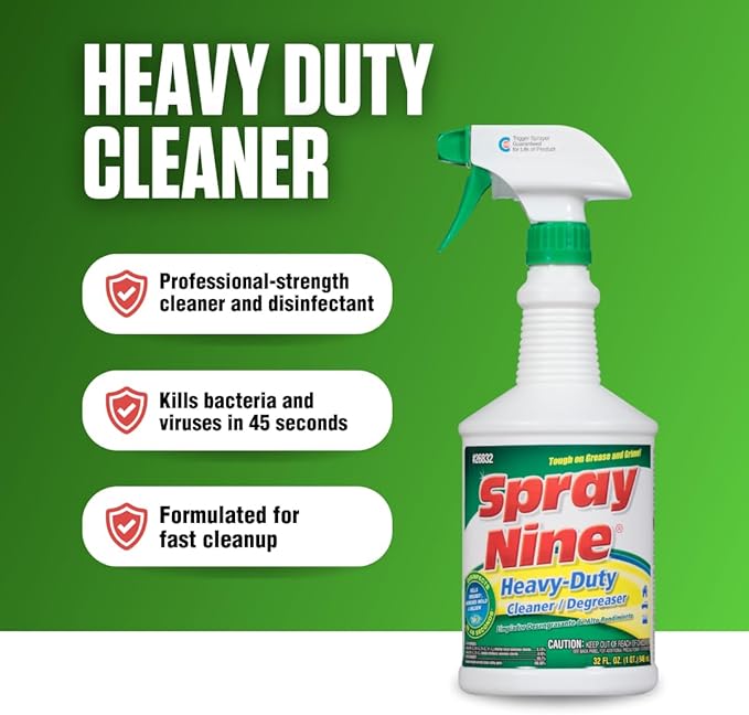 Spray Nine Heavy-Duty Cleaner bottle with features on a green background