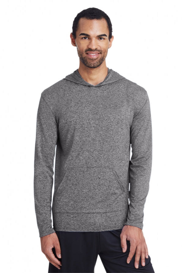 Man wearing a gray hoodie on a white background