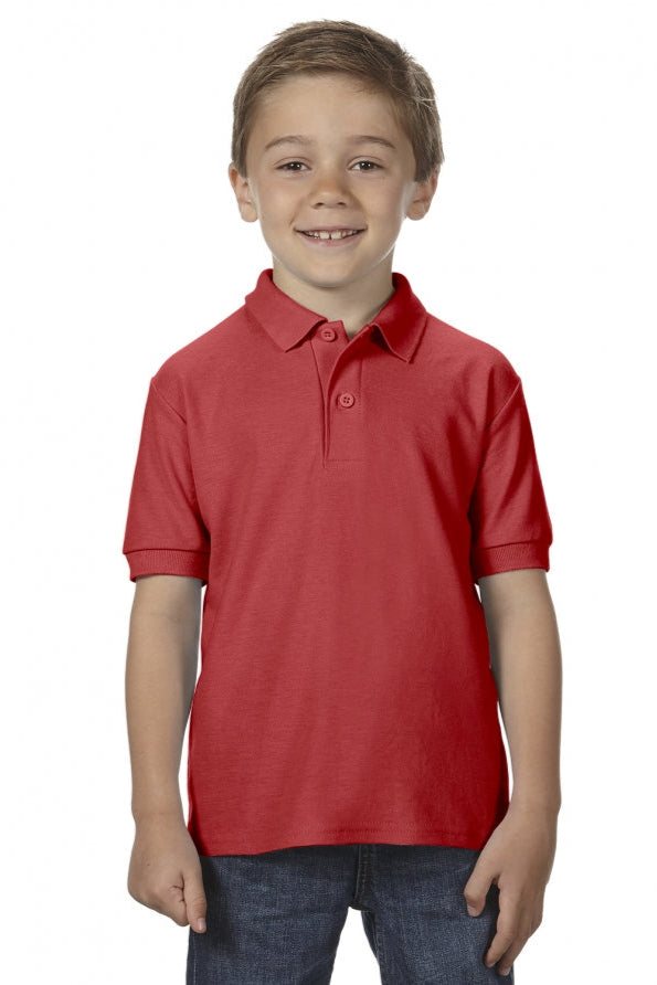 Child wearing a red polo shirt on a white background