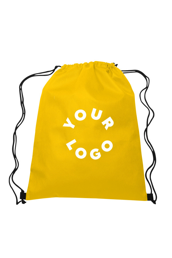 Yellow drawstring bag with 'YOUR LOGO' text on a white background