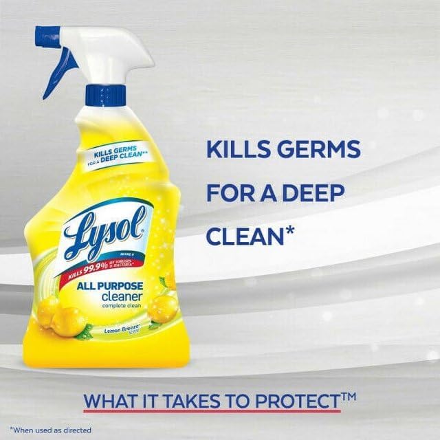 Lysol all-purpose cleaner bottle with text on a gray background