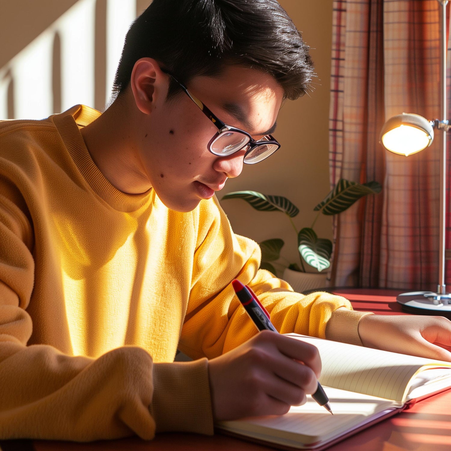 Young person in yellow sweater writing at sunlit desk with plants and patterned curtains.
