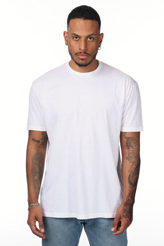 Man wearing a plain white t-shirt on a white background