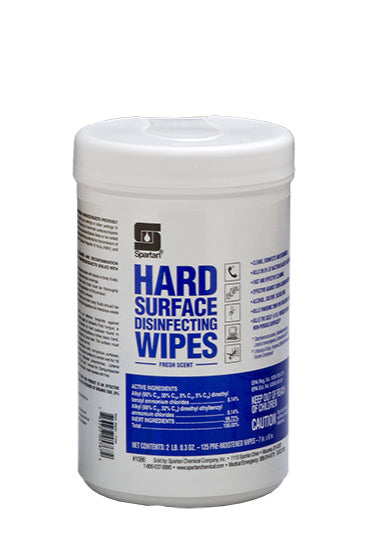 Container of hard surface disinfecting wipes on a white background