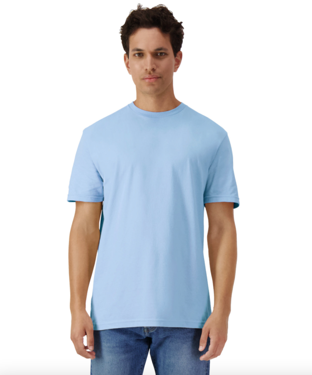 Man wearing a light blue t-shirt on a white background