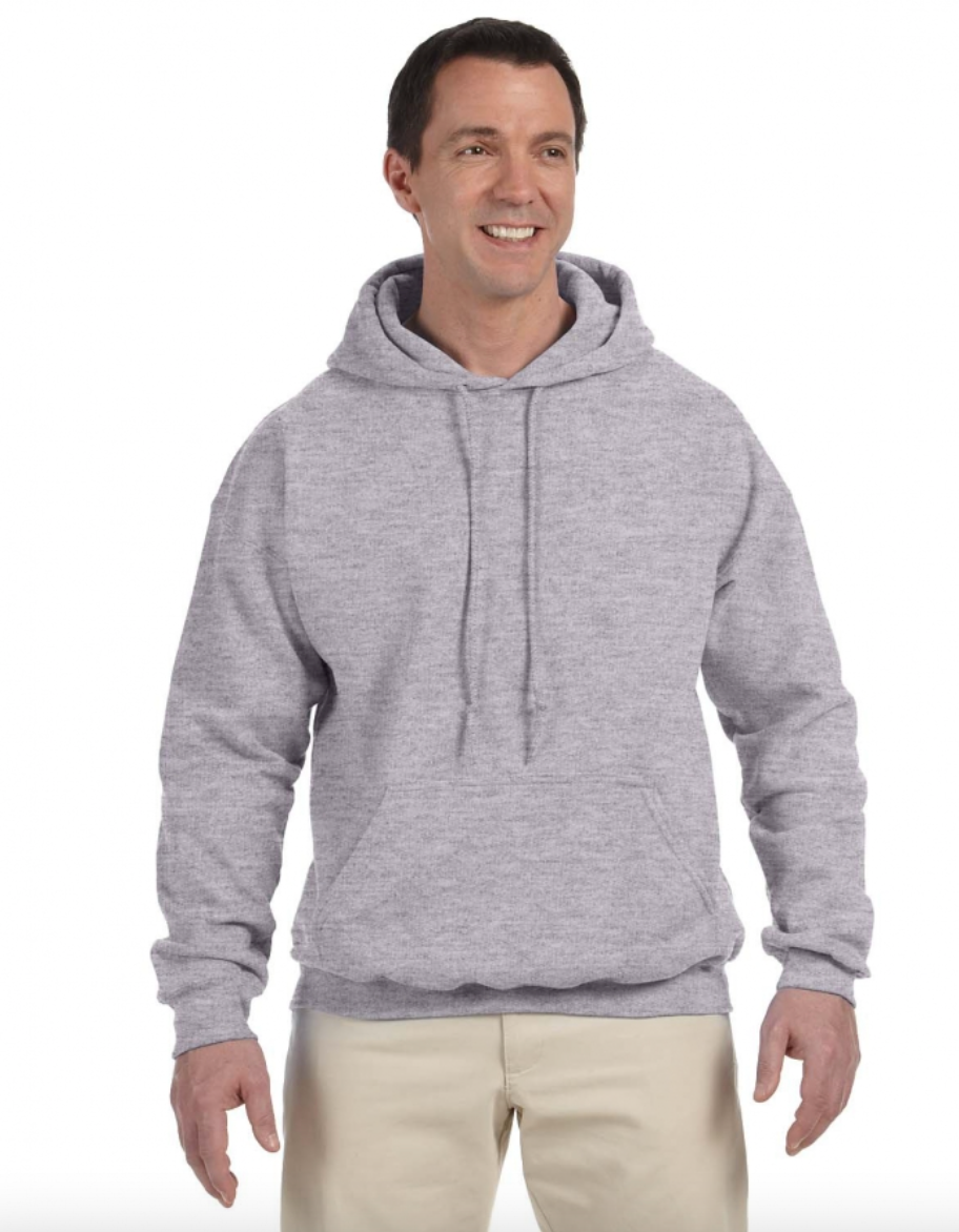 Man wearing a gray hoodie on a white background