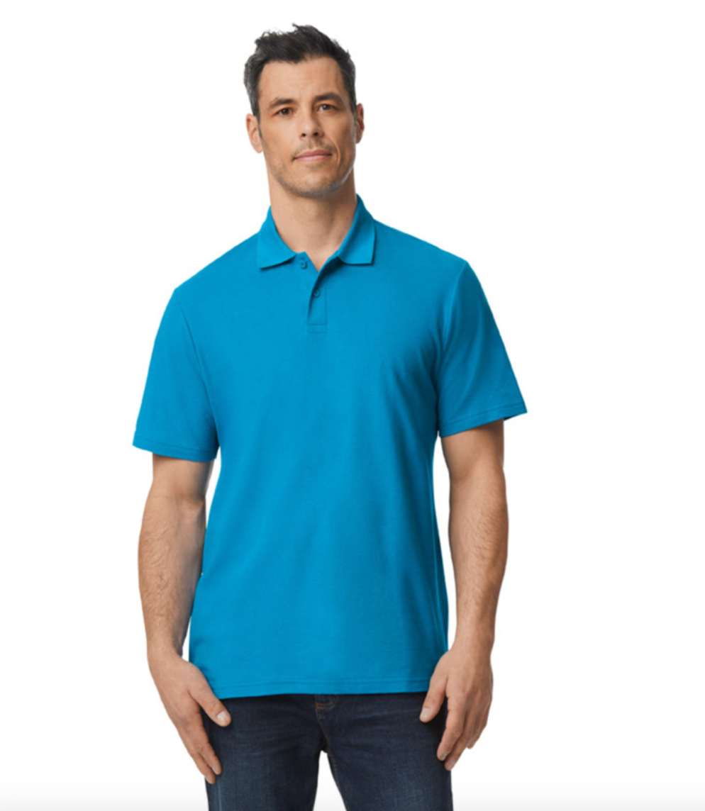 Man wearing a blue polo shirt on a white background