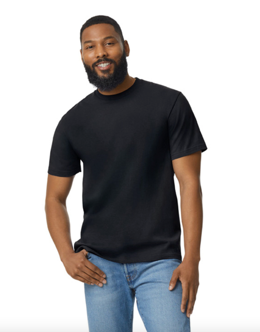 Man wearing a black t-shirt and blue jeans on a white background