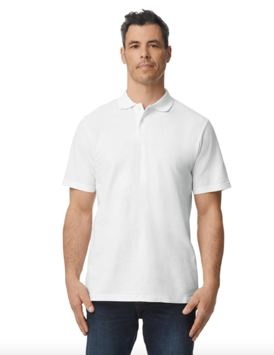 Man wearing a white polo shirt on a white background