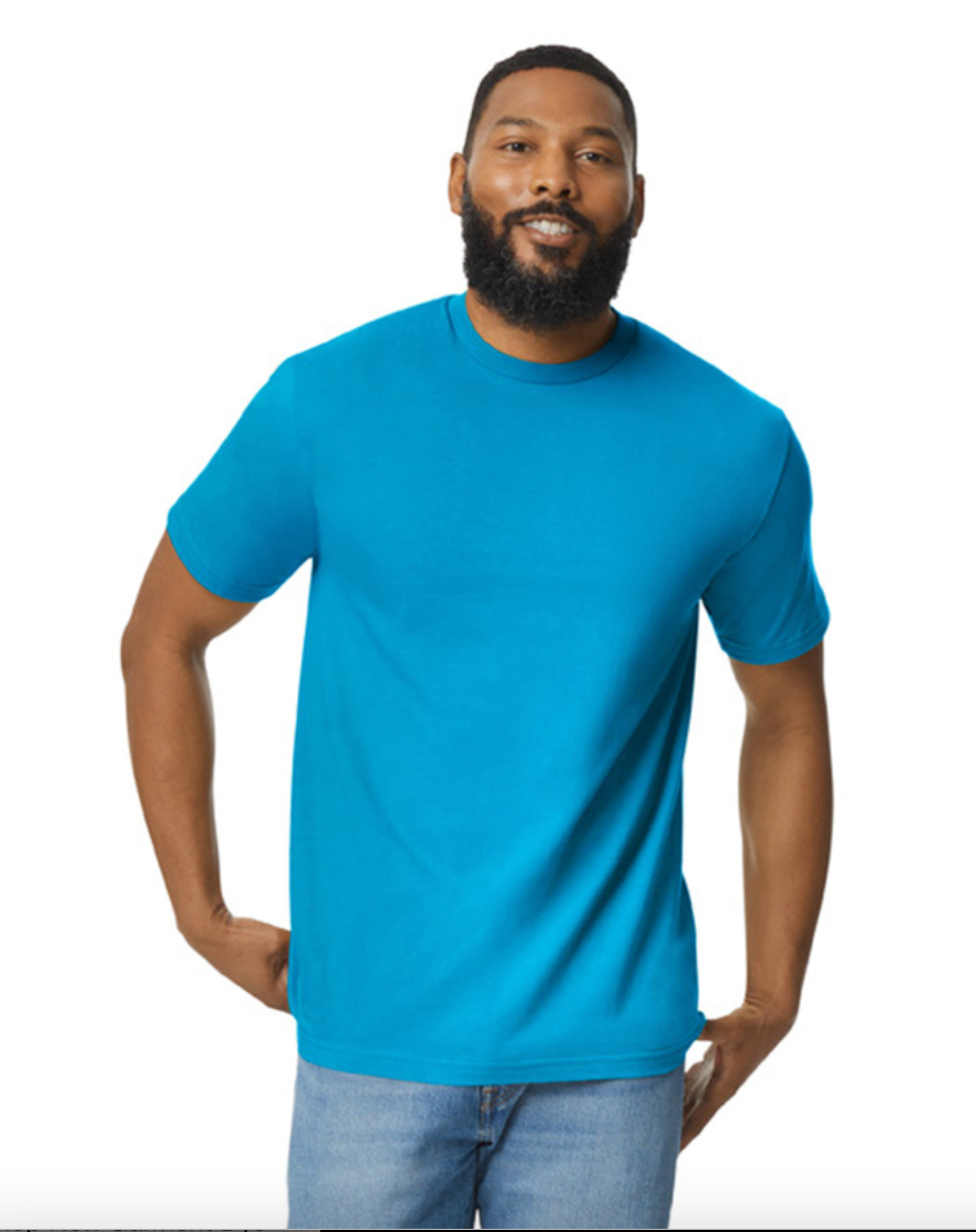 Man wearing a blue t-shirt on a white background
