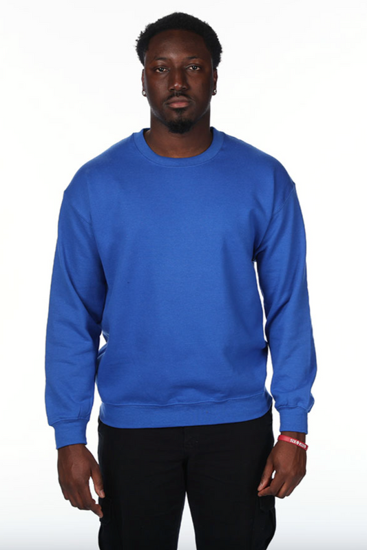 Man wearing a blue sweatshirt on a white background