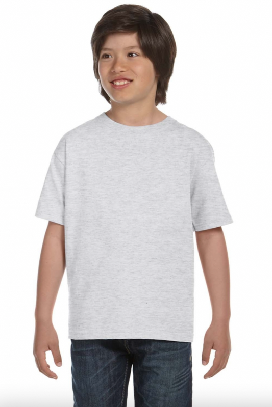 Child wearing a plain gray t-shirt on a white background