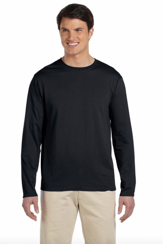 Man wearing a black long-sleeve shirt on a white background