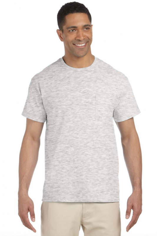 Man wearing a gray t-shirt on a white background