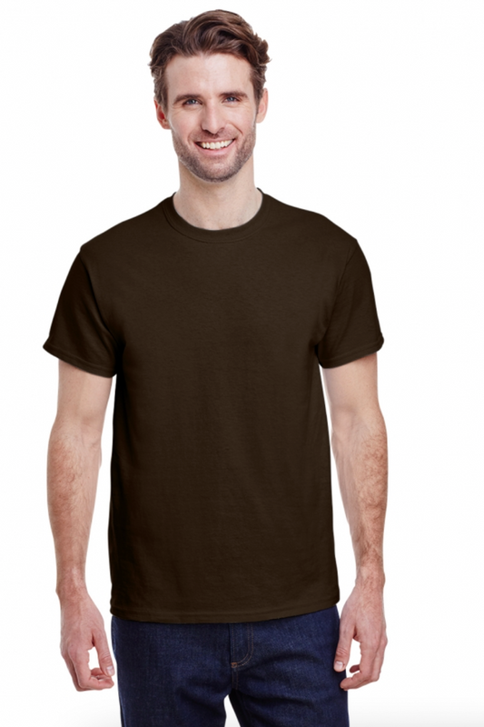 Man wearing a plain brown t-shirt on a white background