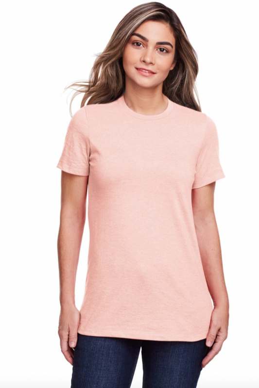 Woman wearing a light pink t-shirt on a white background