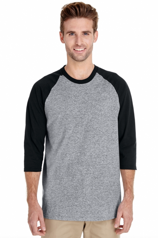 Man wearing a gray and black baseball shirt on a white background