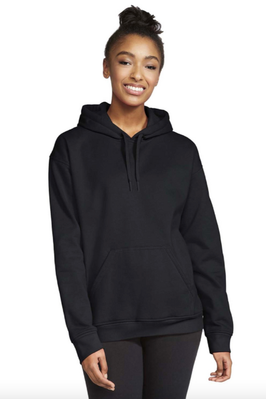 Person wearing a black hoodie on a white background