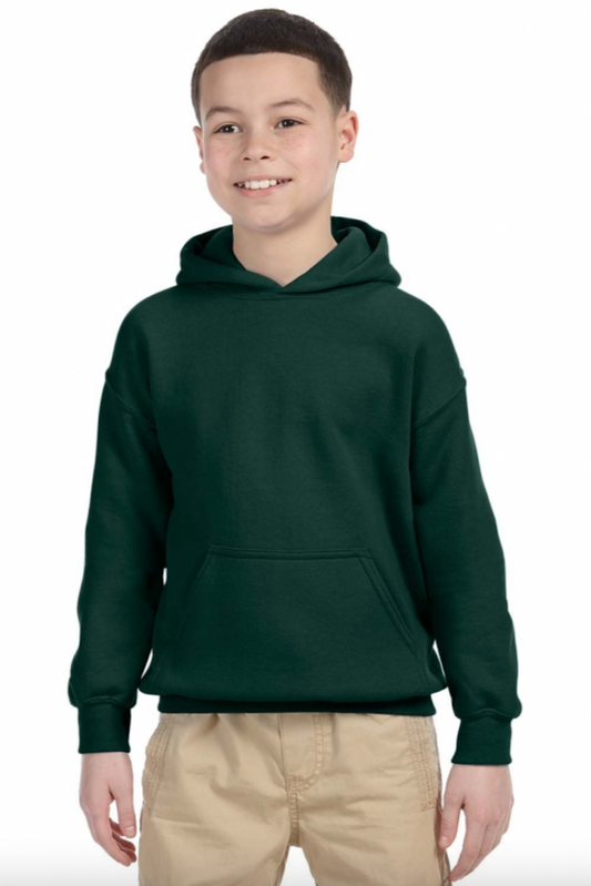 Child wearing a green hoodie on a white background