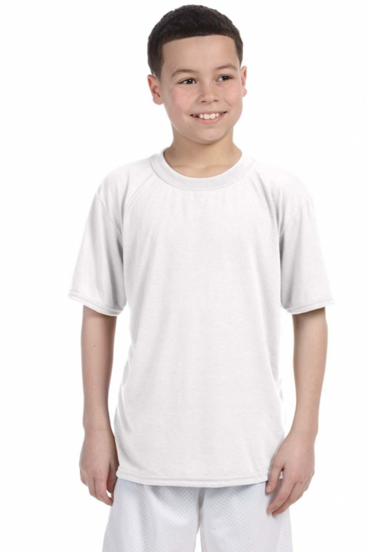 Child wearing a plain white t-shirt and pants on a white background