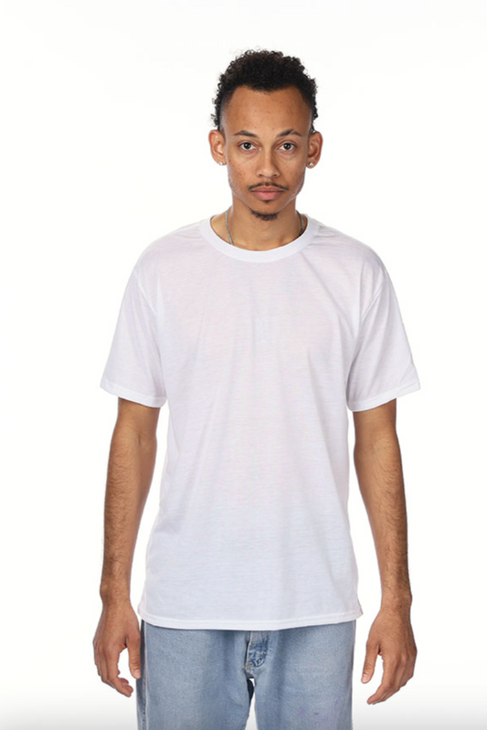 Man wearing a plain white t-shirt on a white background