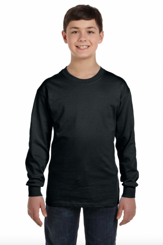 Child wearing a black long-sleeve shirt on a white background
