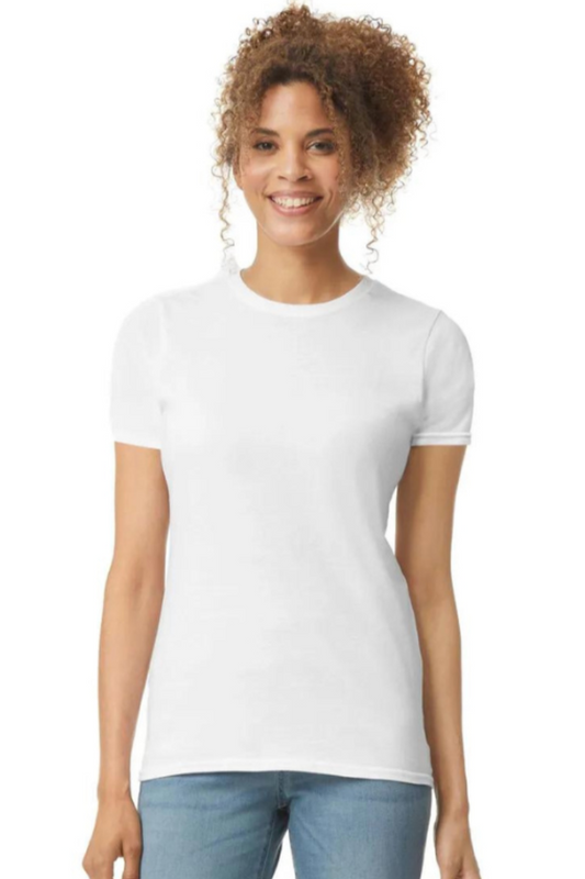 Woman wearing a plain white t-shirt and blue jeans on a white background
