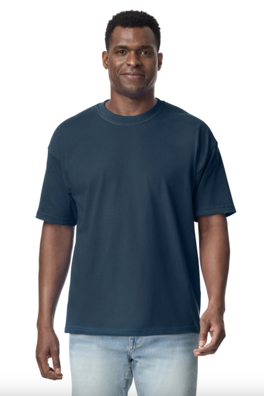 Man wearing a navy blue t-shirt on a white background