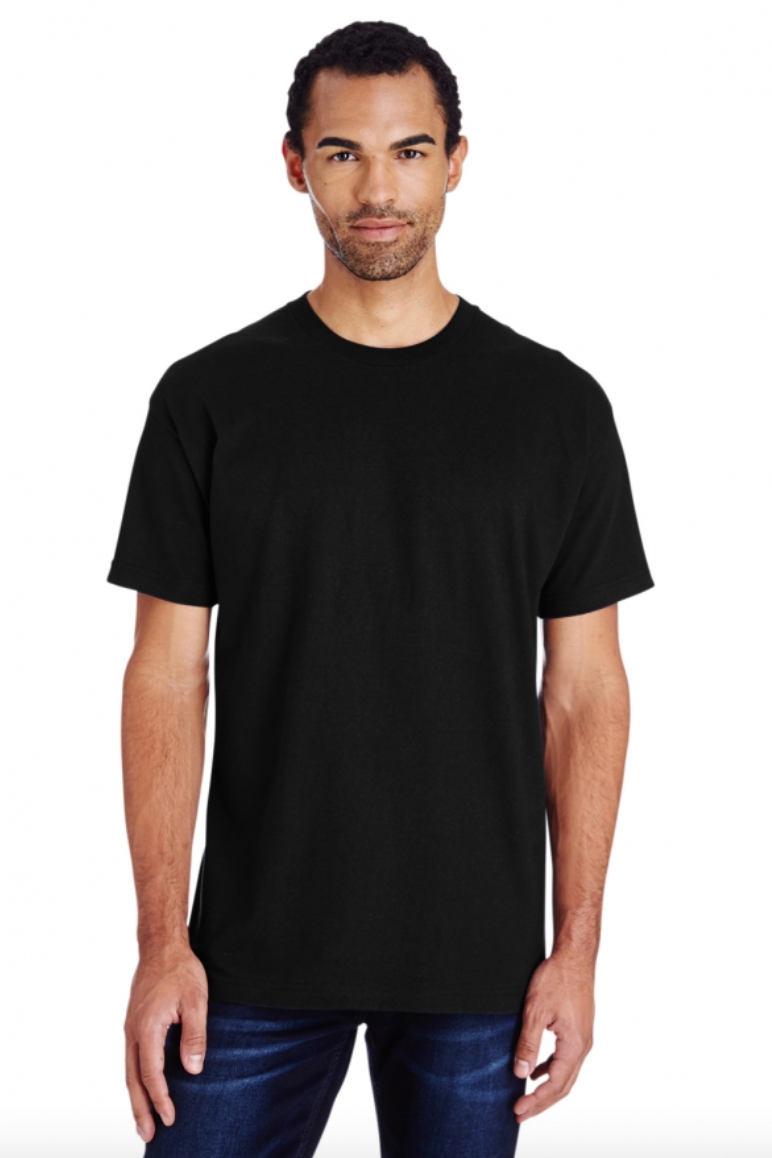 Man wearing a black t-shirt on a white background