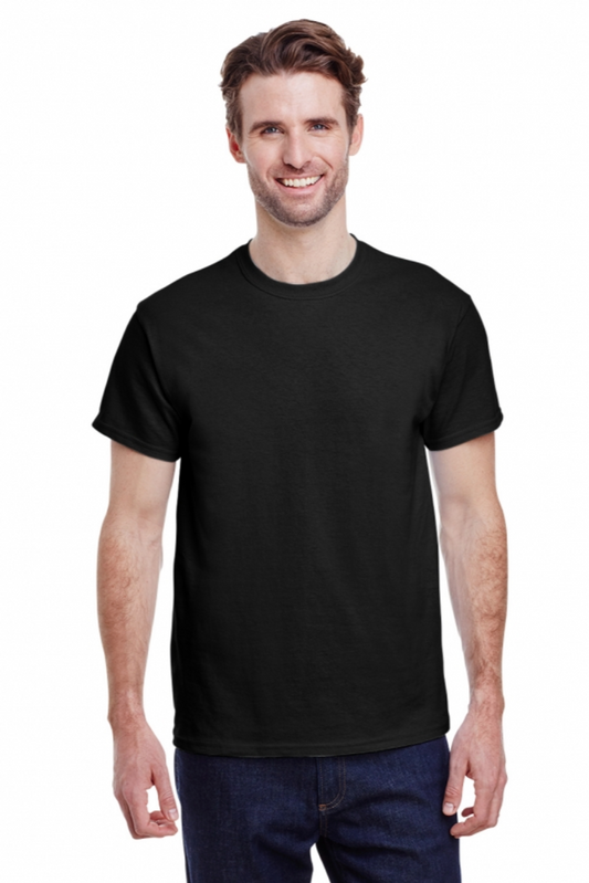 Man wearing a black t-shirt on a white background