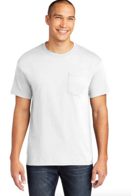 Man wearing a plain white t-shirt on a white background