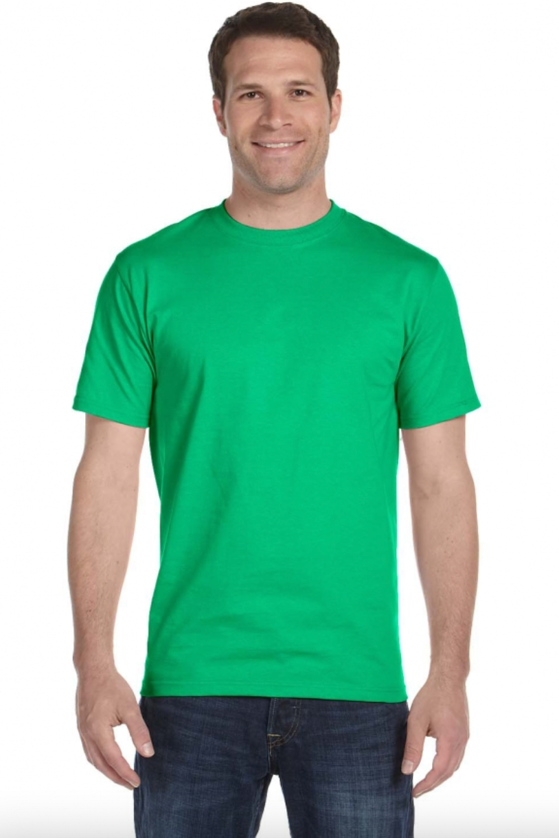 Man wearing a green t-shirt on a white background