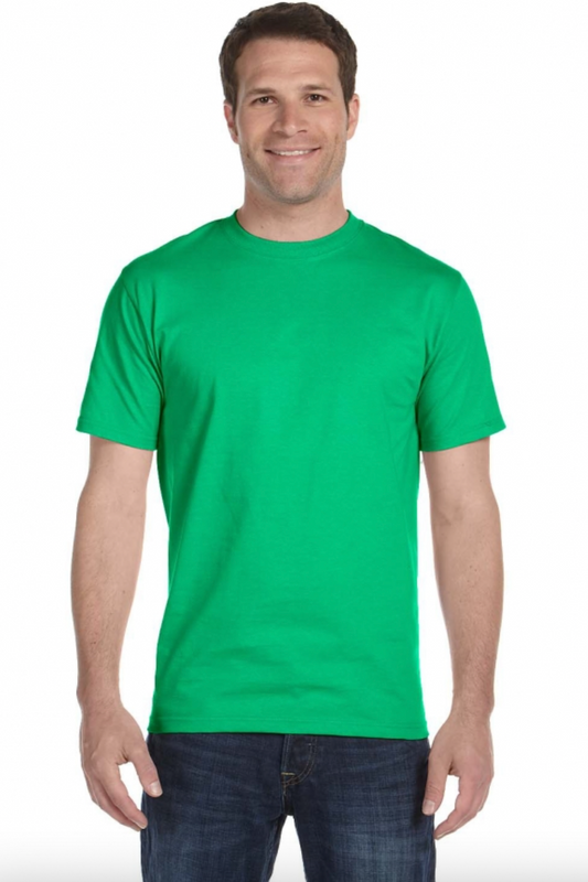 Man wearing a green t-shirt on a white background