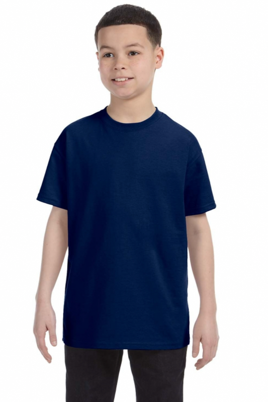 Child wearing a navy blue t-shirt on a white background