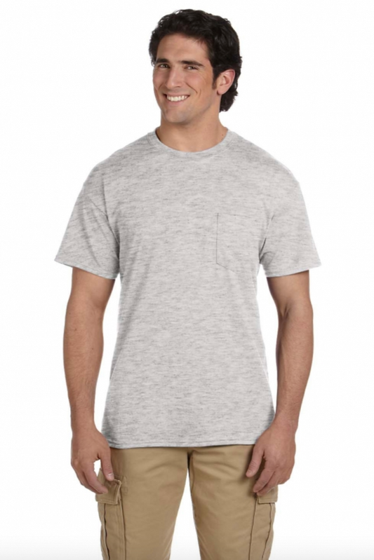 Man wearing a gray t-shirt and beige pants on a white background