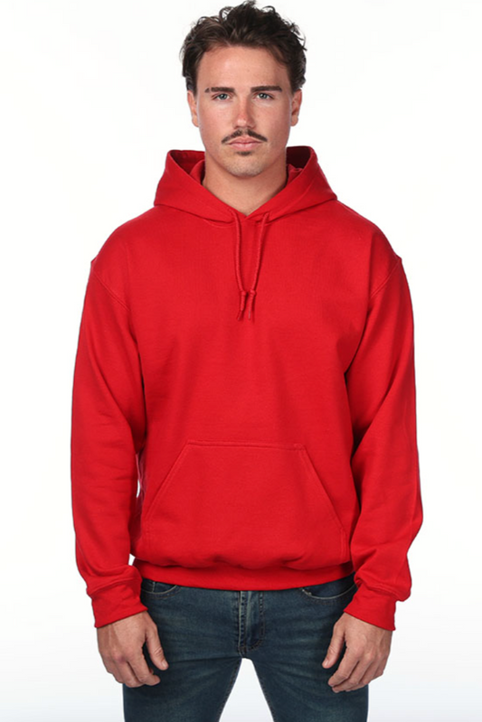 Man wearing a red hoodie on a white background