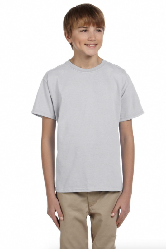 Child wearing a plain gray t-shirt on a white background