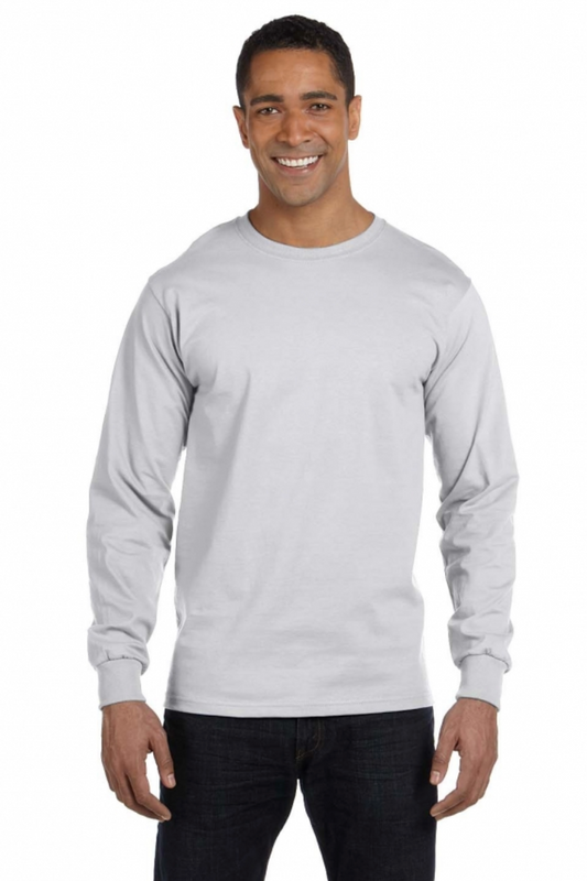 Man wearing a gray long-sleeve shirt on a white background