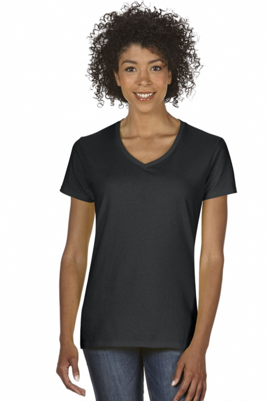 Woman wearing a black t-shirt on a white background
