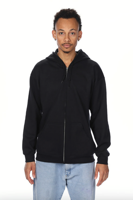 Person wearing a black hoodie on a white background