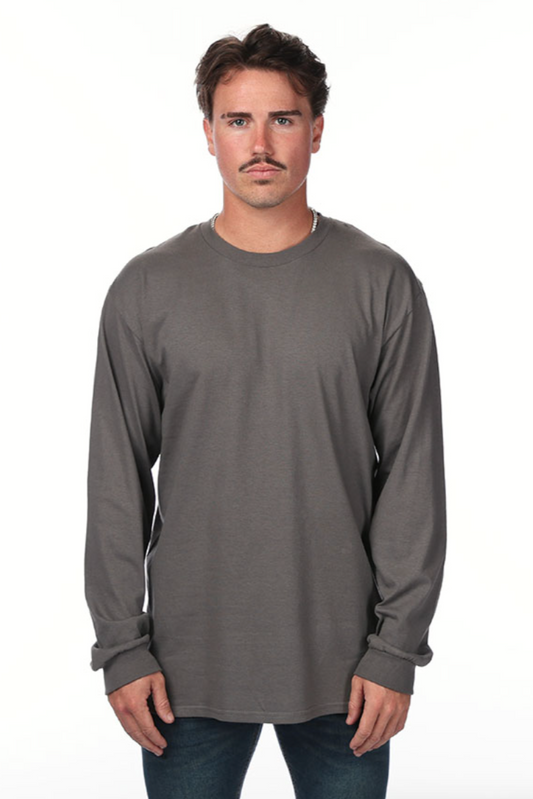 Man wearing a gray long-sleeve shirt on a white background