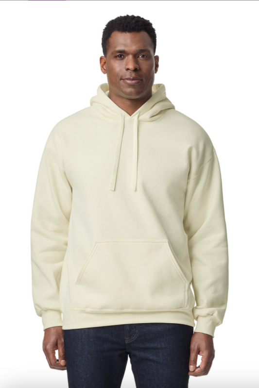 Man wearing a beige hoodie on a white background