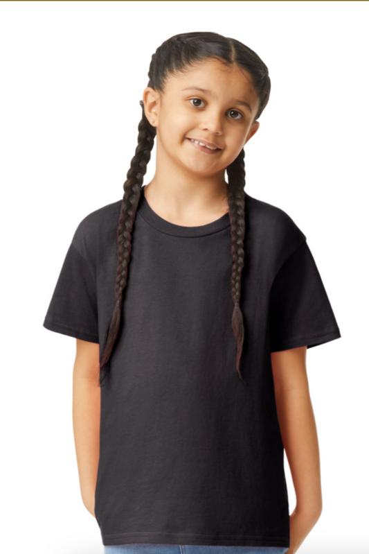 Young girl wearing a black t-shirt on a white background