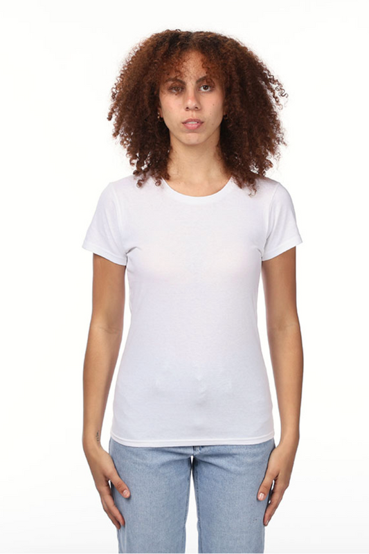 Person wearing a plain white t-shirt and light blue jeans on a white background