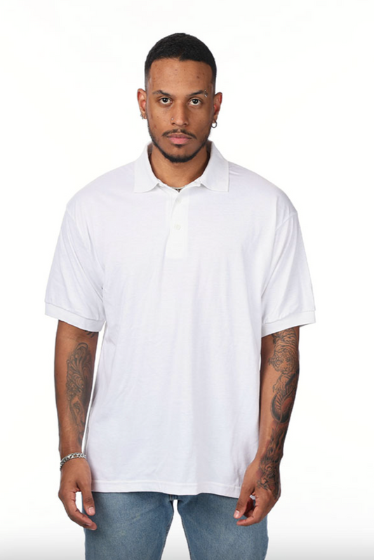 Man wearing a plain white polo shirt on a white background