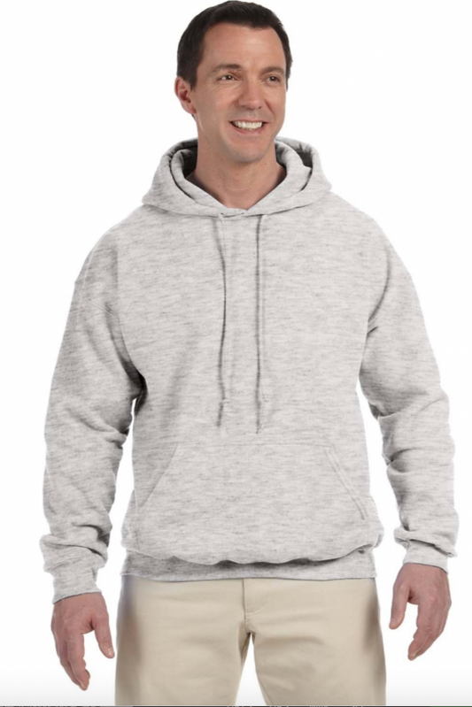 Man wearing a gray hoodie on a white background