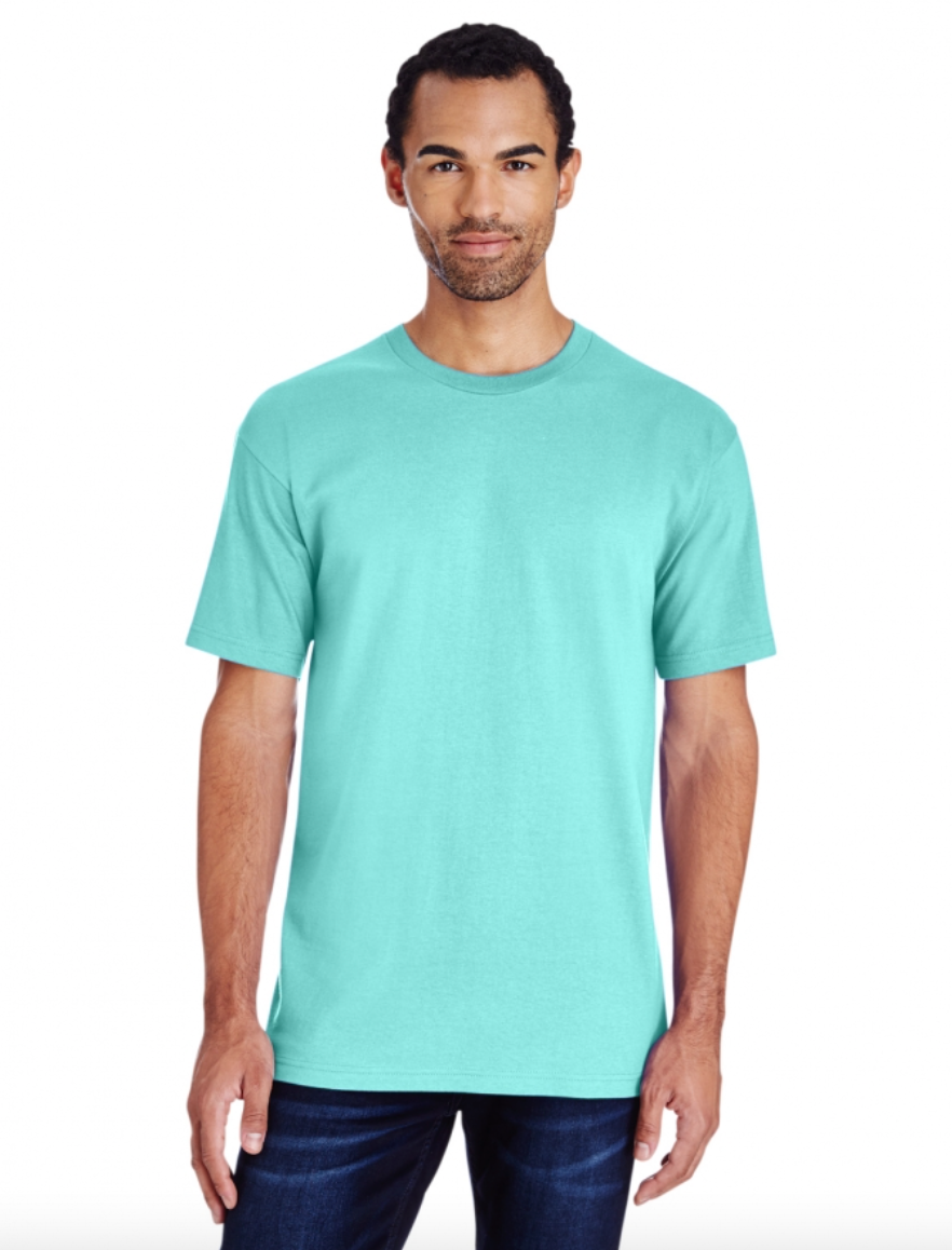 Man wearing a light blue t-shirt on a white background